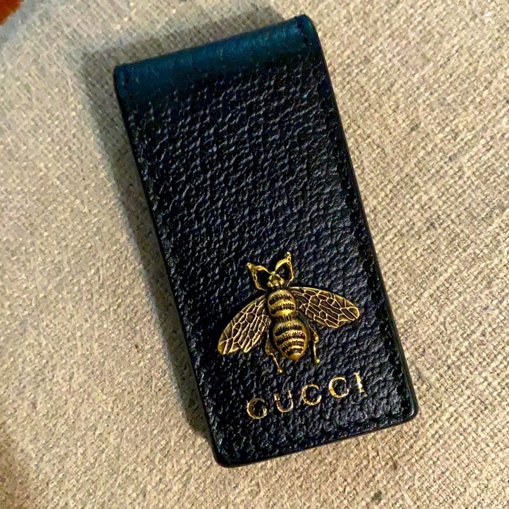 Gucci Black Leather Money Clip with Gold Bee Accent